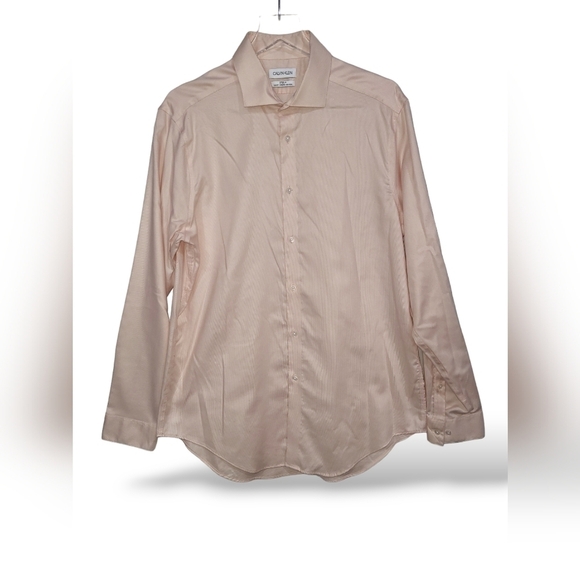 Calvin Klein Mens Large Salmon Pink Slim Fit Stretch Non Iron Button Down Top LS - Picture 1 of 10
